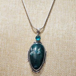 Green Moss Agate, Swiss Blue Topaz Gem 925 Large Pendant Necklace